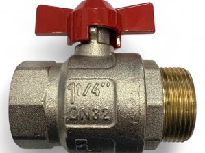 Vernikkelde messing kogelkraan 1¼ inch binnen × buitendraad – rode vlinderhendel