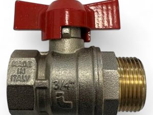 Vernikkelde messing kogelkraan ¾ inch binnen × buitendraad – rode vlinderhendel
