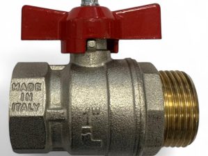 Vernikkelde messing kogelkraan 1 inch binnen × buitendraad – rode vlinderhendel