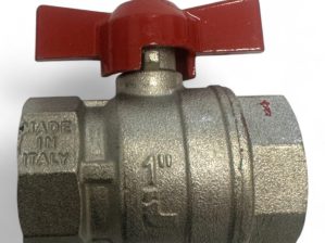 Vernikkelde messing kogelkraan 1 inch binnen × binnendraad – rode vlinderhendel